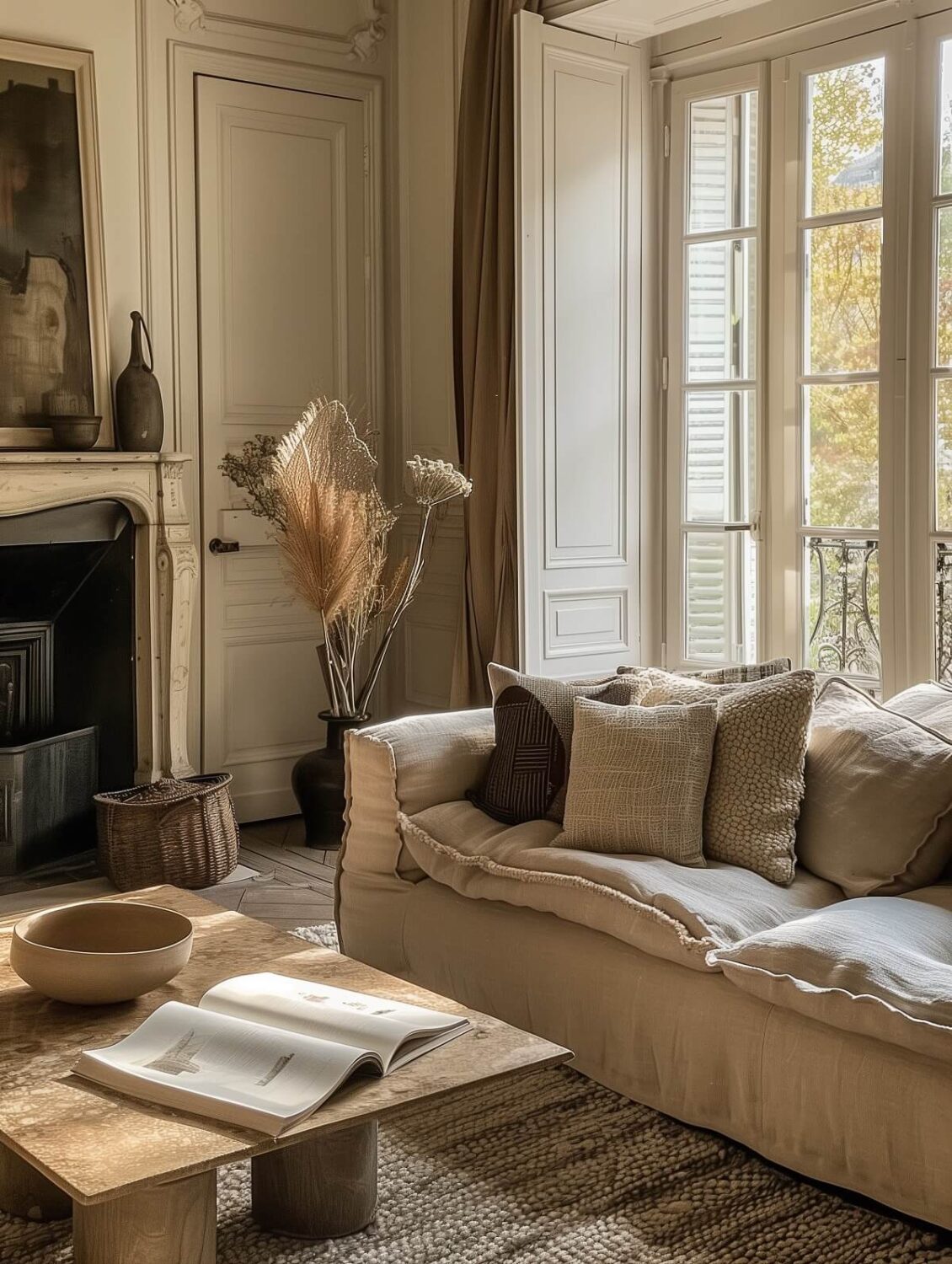 How To Style Your Home Like A Parisian Apartment 6 natural paris living room with layered cushions and fireplace nordroom