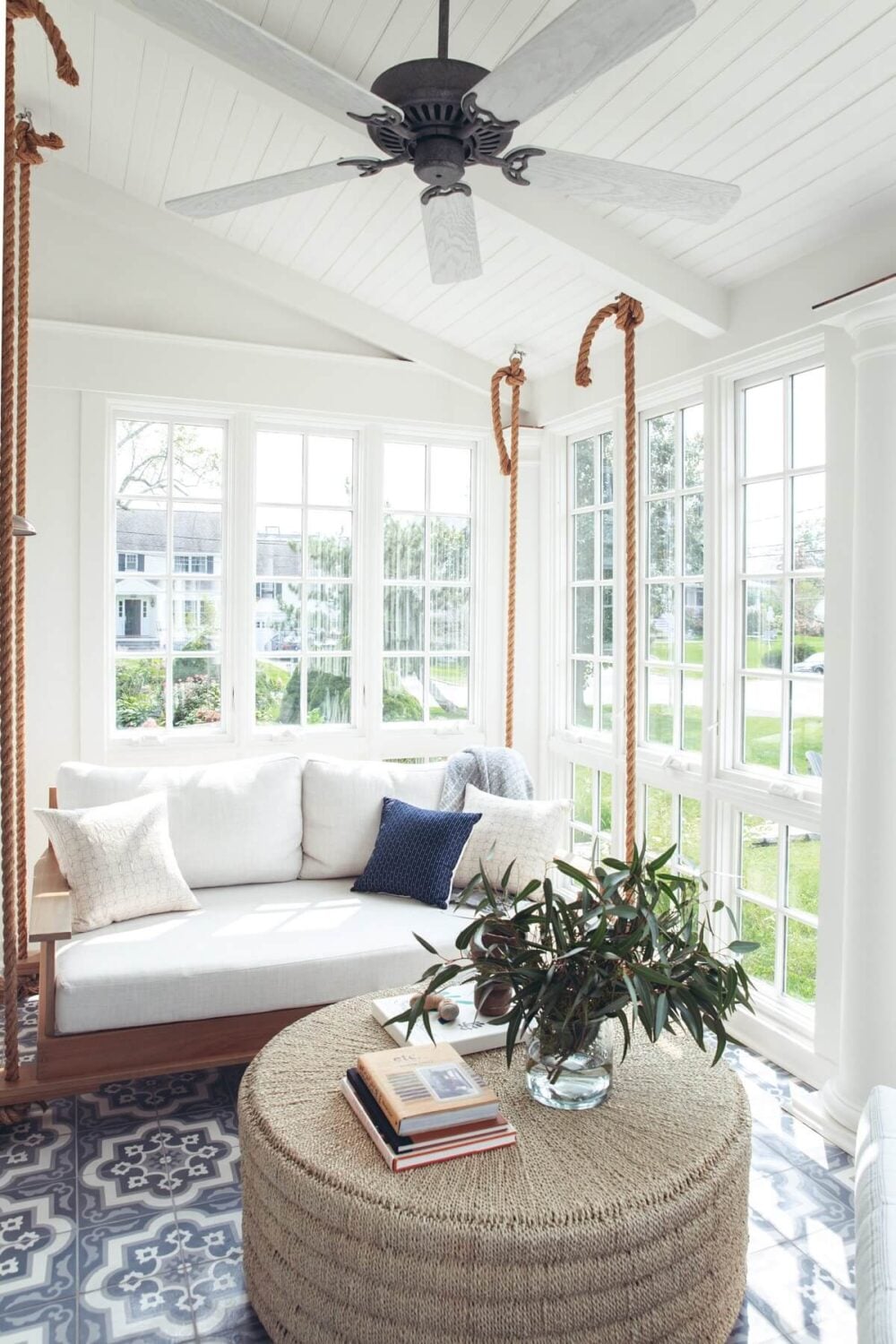 A Serene Colonial Home in Connecticut 1 sun-room-hanging-sofa-rattan-table-nordroom