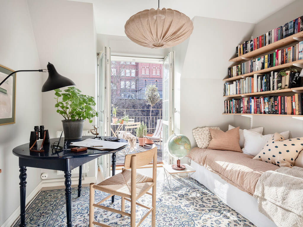 How To Design A Stylish Bedroom Home Office 37 bedroom-home-office-round-desk-shelves-nordic-nordroom
