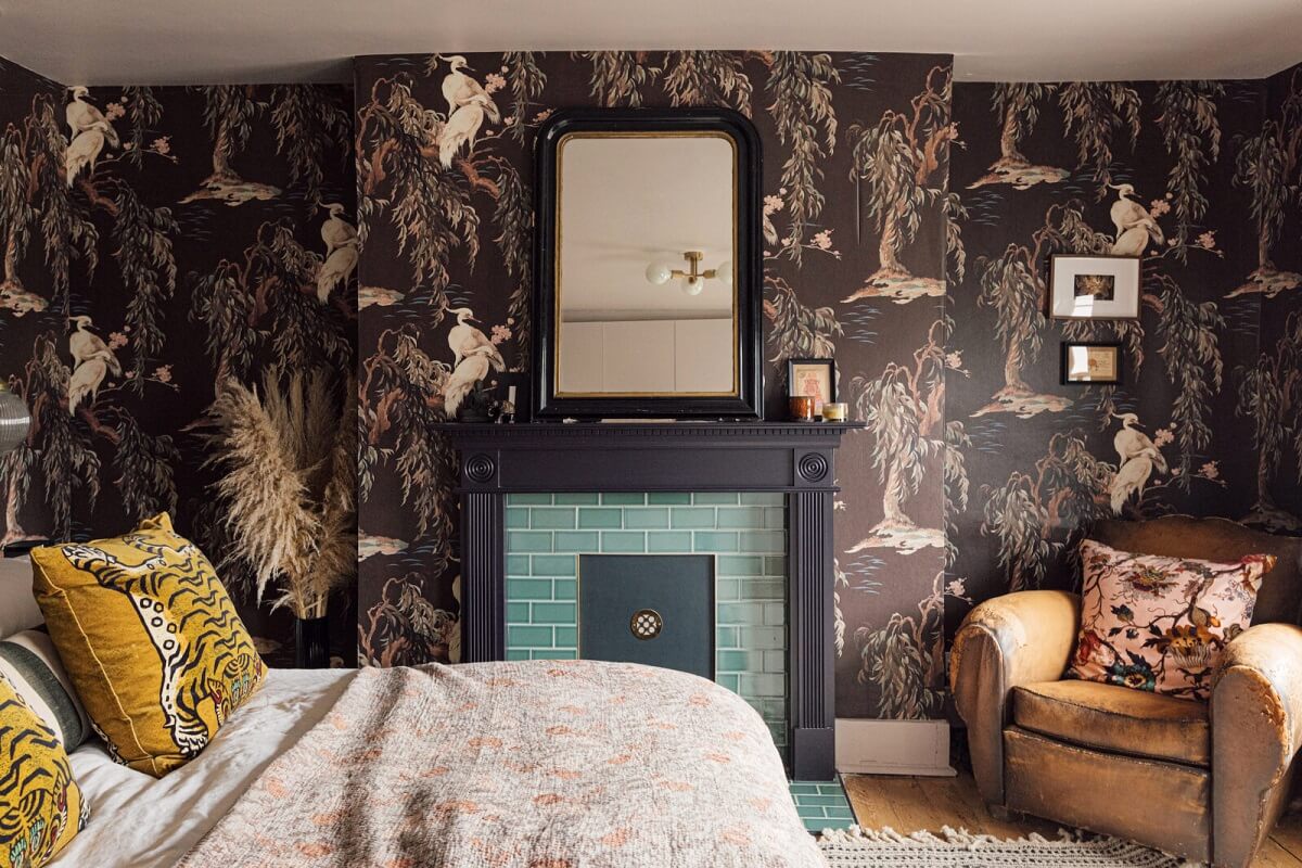 Color & Wallpaper in a Victorian Villa 17 bedroom-wallpaper-fireplace-nordroom