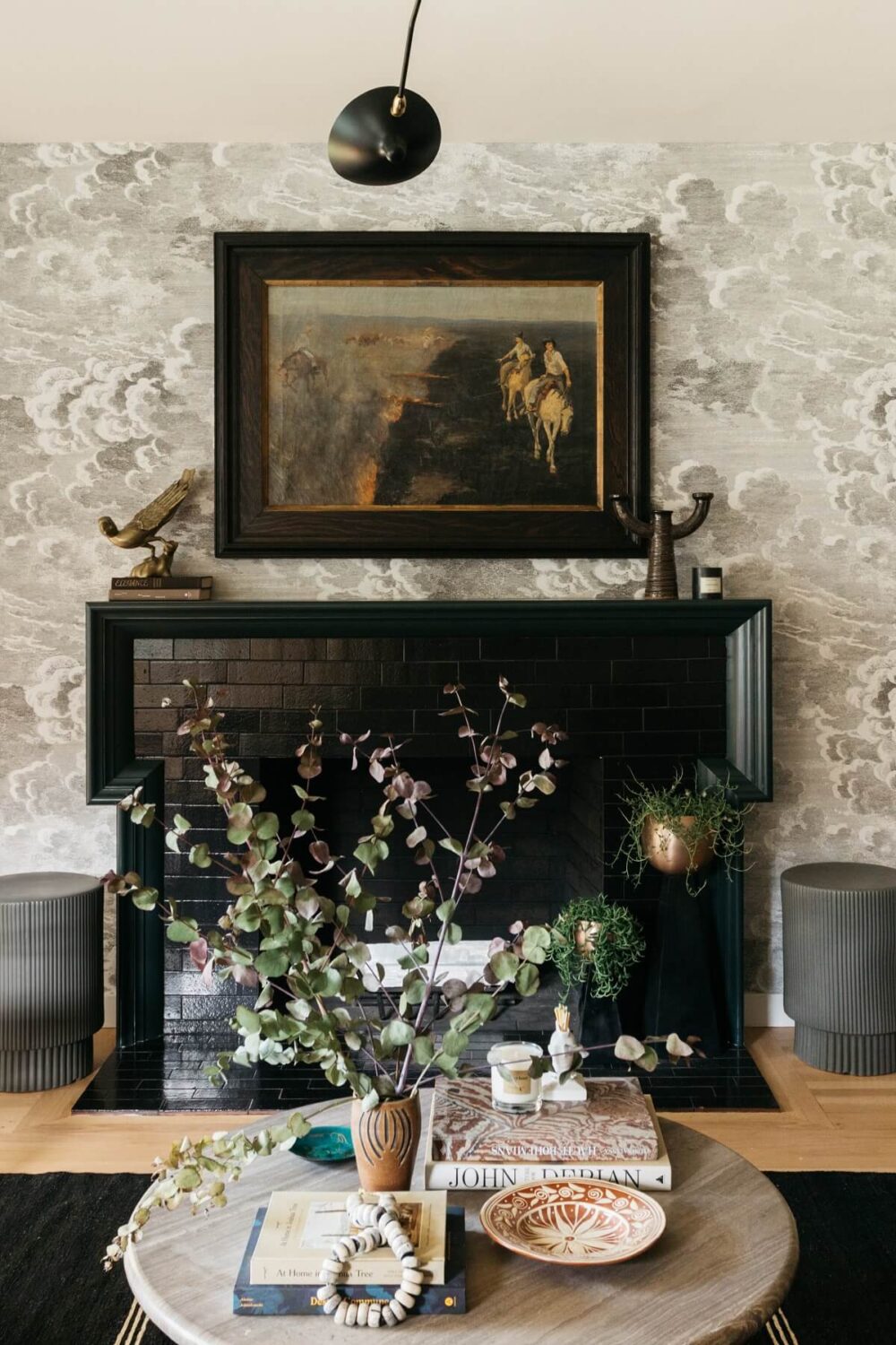 A Midcentury Ranch House in California 6 black-fireplace-cloud-wallpaper-nordroom