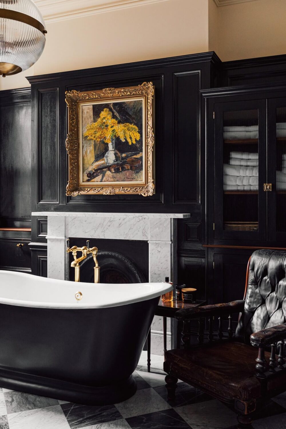 An Elegant & Colorful London House 18 black-freestanding-bath-fireplace-blackwalls-nordroom