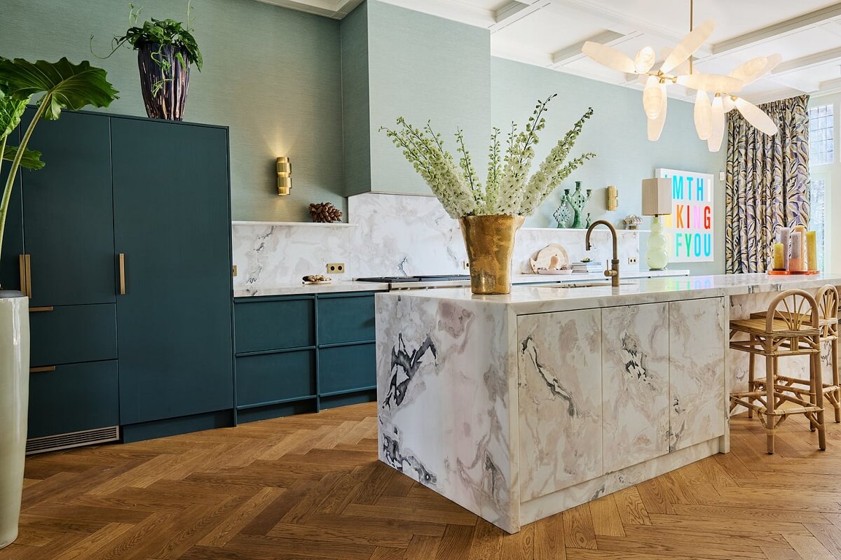 Color & Texture in a Grand Amsterdam Villa 2 blue-kitchen-marble-kitchen-island-amsterdam-villa-nordroom