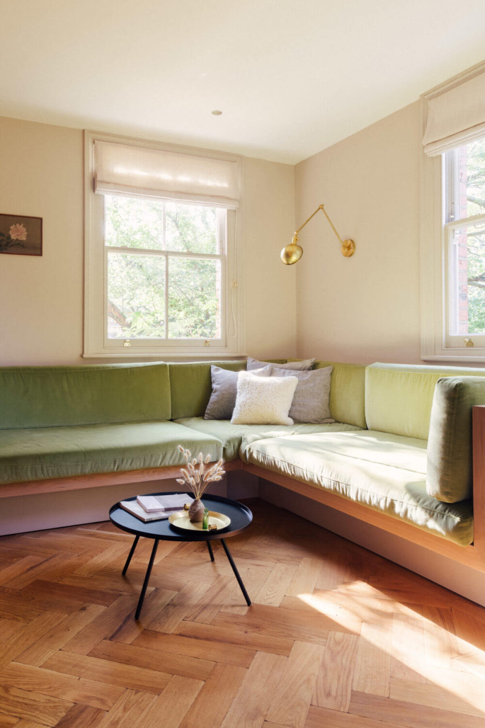 A Light-Filled Victorian Family Home in London 14 built-in-sitting-room-green-velvet-upholstery-nordroom