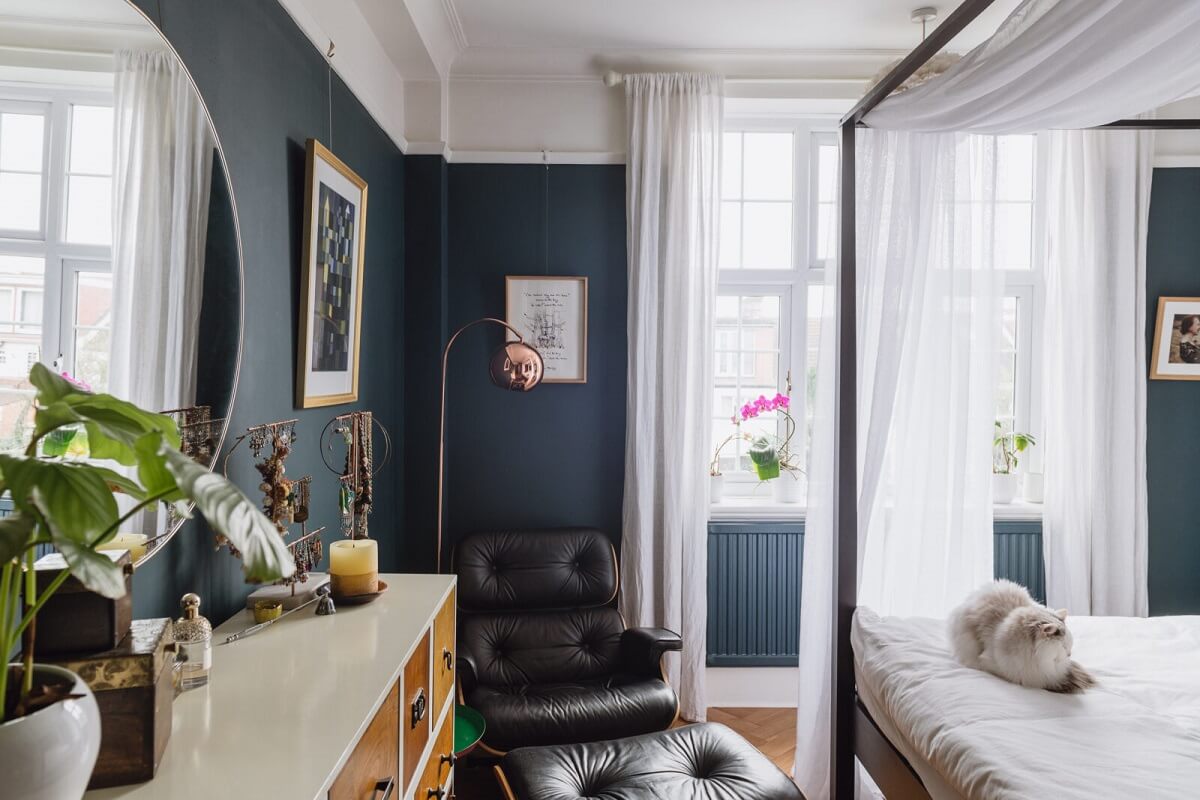 A Charming Two Bedroom Apartment in London 8 dark-blue-bedroom-canopy-bed-nordroom