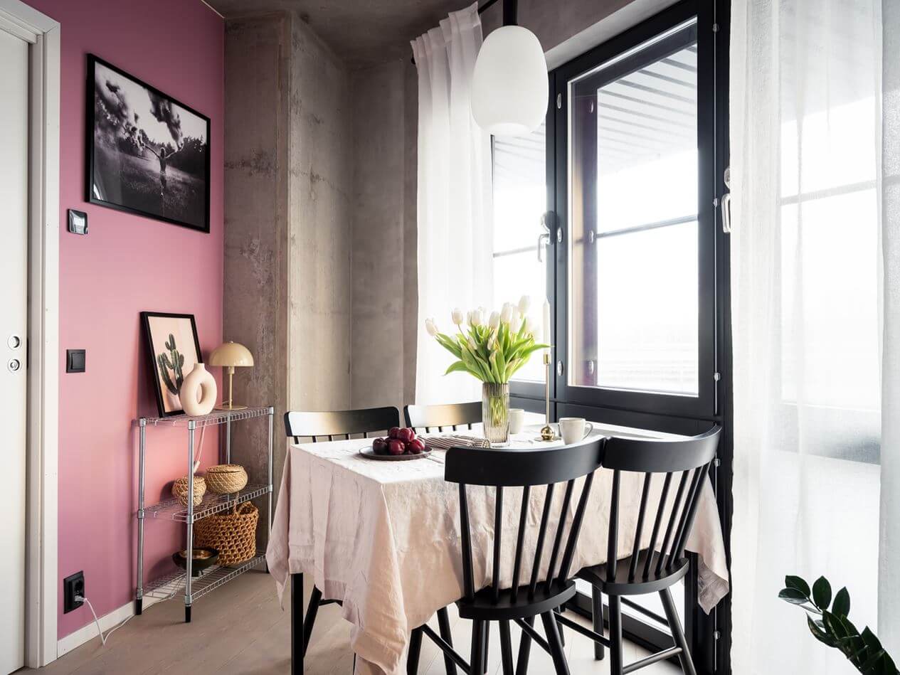 A Small Industrial Apartment with Pink Walls 7 dining-area-industrial-apartment-pink-wall-nordroom