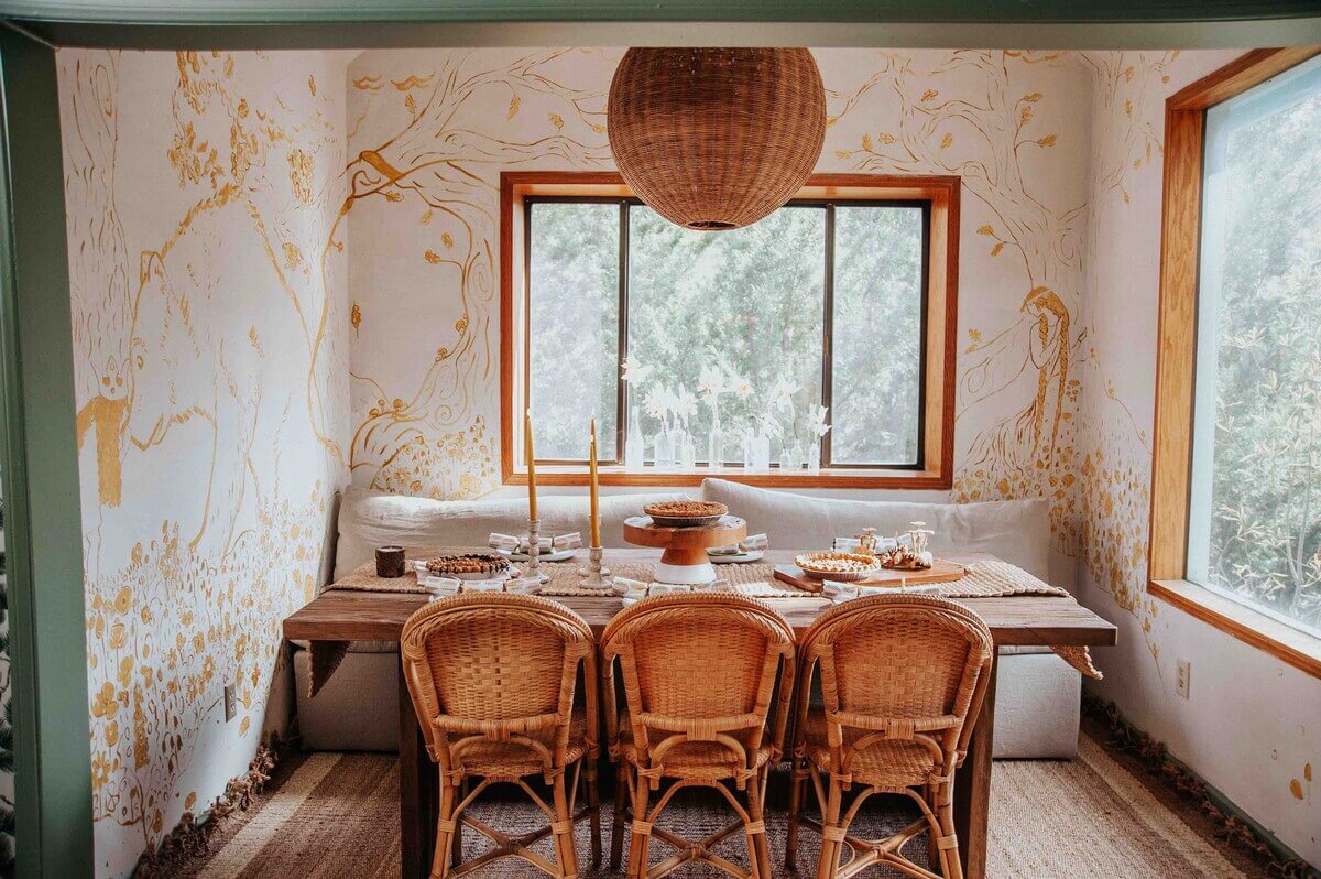 An Interior Designer's Colorful Airbnb Cabin 3 dining-room-wallpaper-airbnb-cabin-nordroom