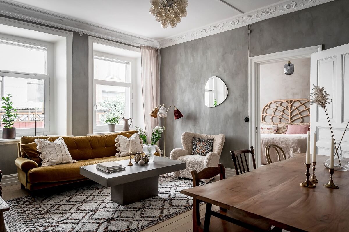 A Lovely Scandi Apartment with Original Features 1 gray-living-room-ochre-sofa-nordroom