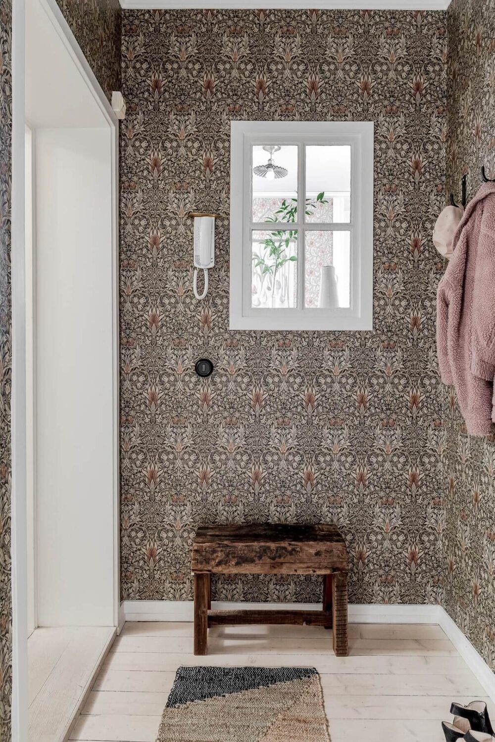A Lovely Scandi Apartment with Original Features 14 hallway-william-morris-wallpaper-nordroom