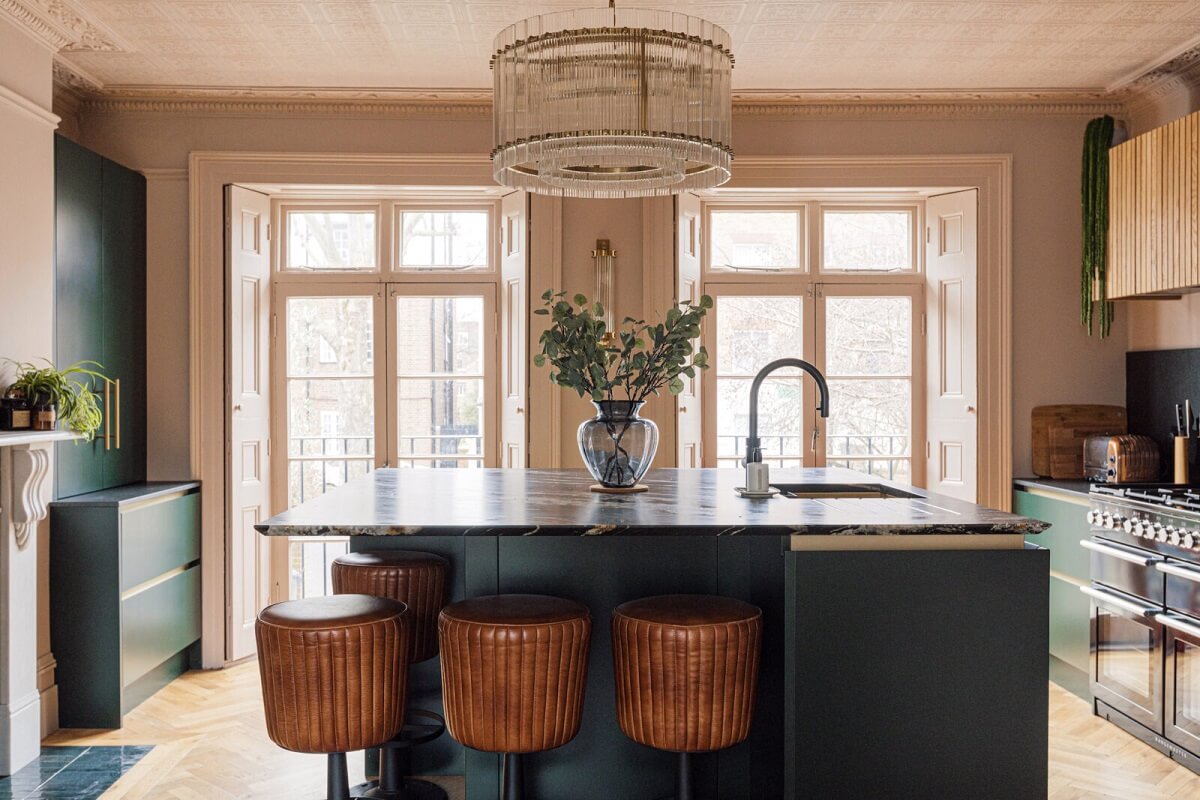 Color & Wallpaper in a Victorian Villa 4 kitchen-island-green-cabinets-nordroom