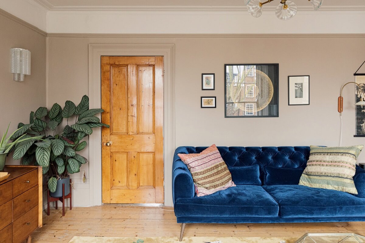 Color & Wallpaper in a Victorian Villa 10 living-room-blue-velvet-sofa-nordroom