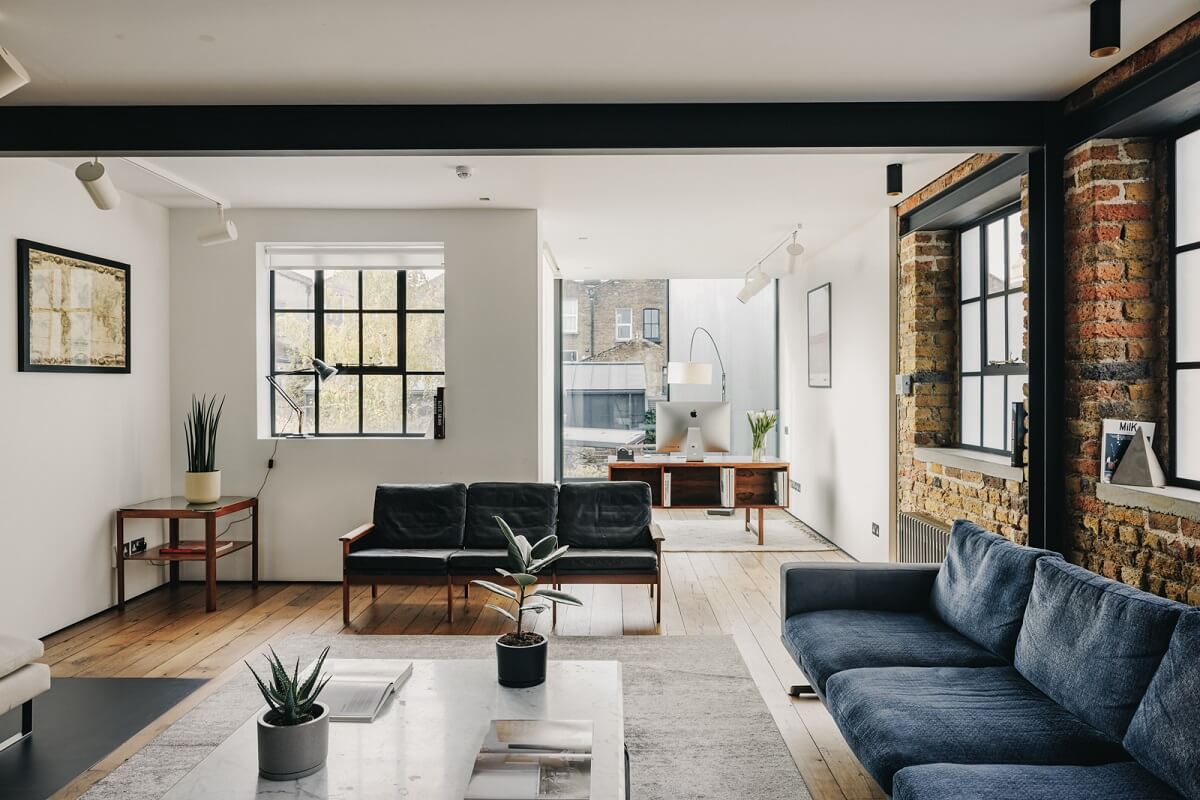 An Industrial Warehouse Conversion in London 2 living-room-exposed-brick-home-office-nordroom