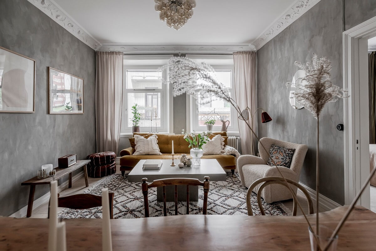 A Lovely Scandi Apartment with Original Features 2 living-room-gray-plaster-walls-nordroom