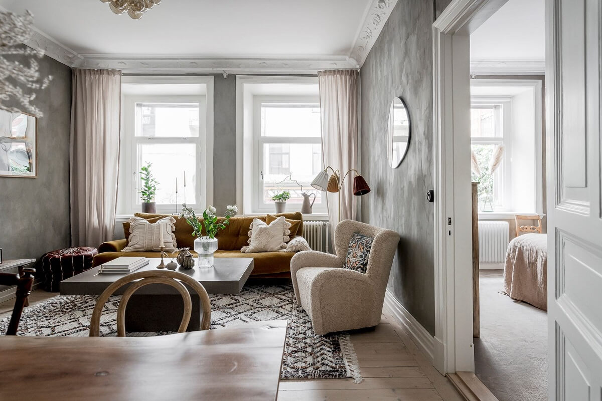 A Lovely Scandi Apartment with Original Features 4 living-room-gray-walls-warm-textures-scandinavian-home-nordroom