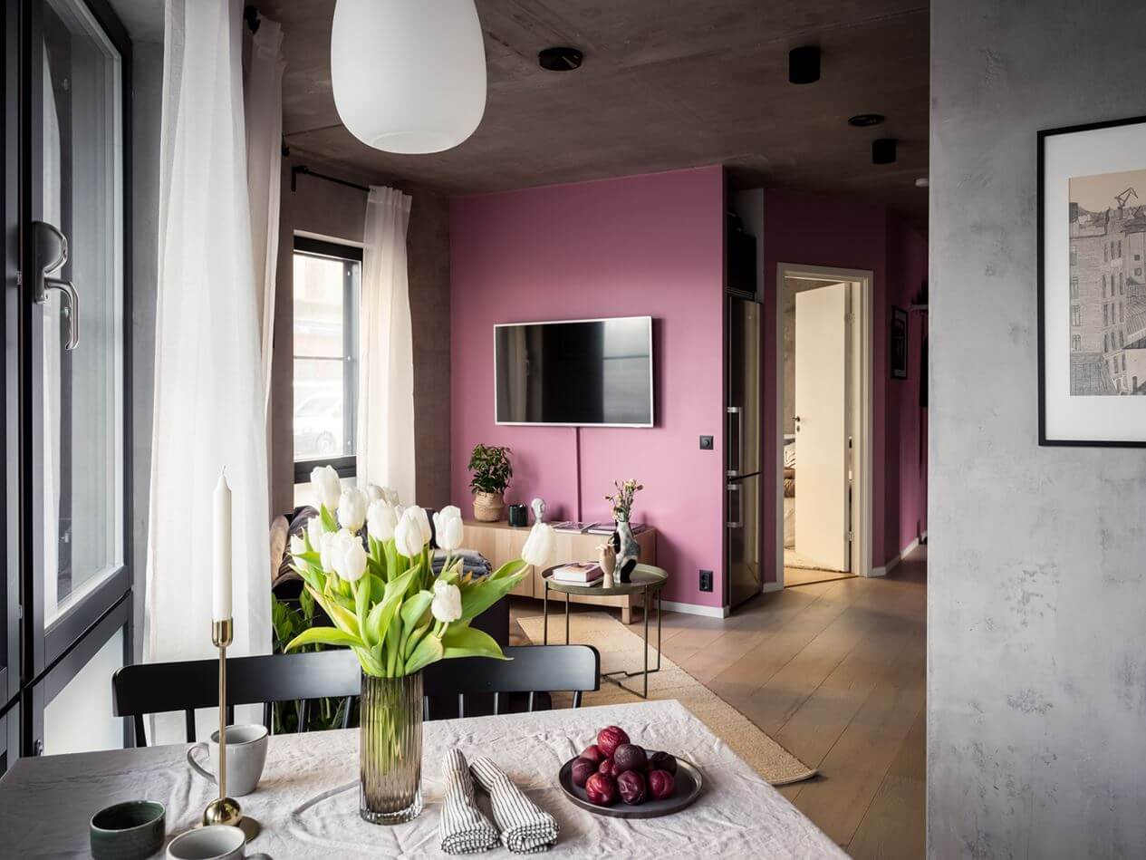 A Small Industrial Apartment with Pink Walls 8 living-room-industrial-apartment-pink-concrete-walls-nordroom
