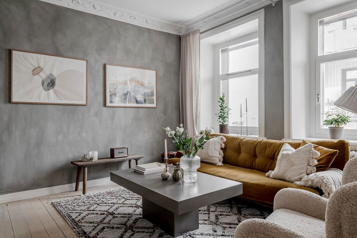 A Lovely Scandi Apartment with Original Features 3 living-room-ochre-sofa-gray-walls-nordroom