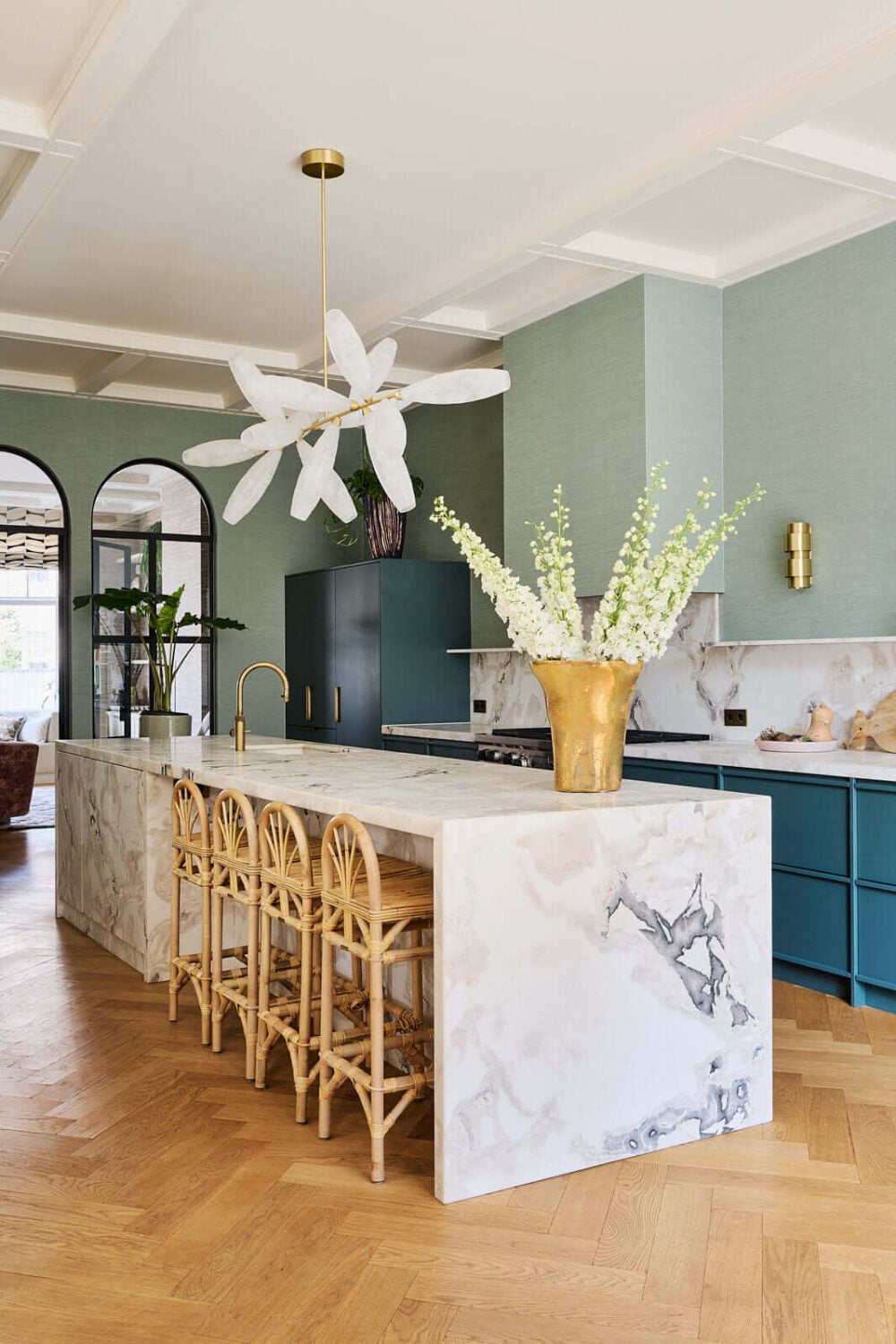 Color & Texture in a Grand Amsterdam Villa 5 marble-kitchen-island-blue-cabinets-villa-amsterdam-nordroom