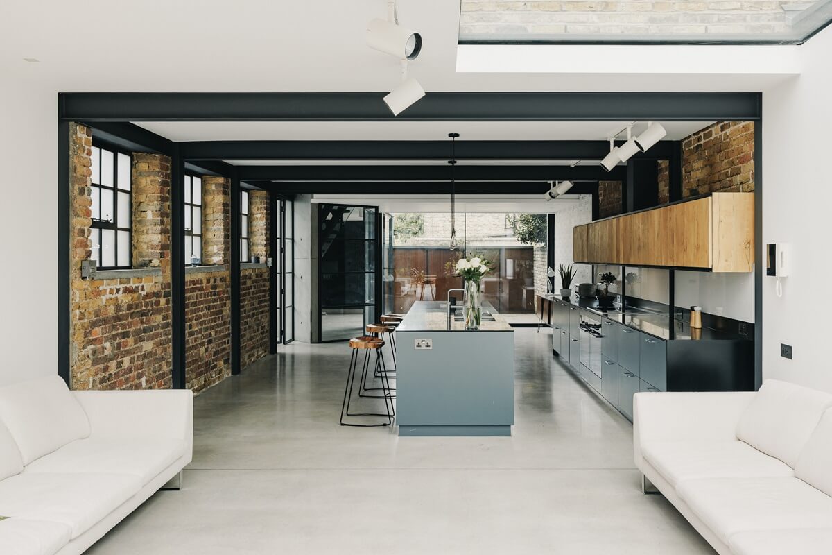An Industrial Warehouse Conversion in London 10 modern-kitchen-sitting-room-brick-walls-nordroom