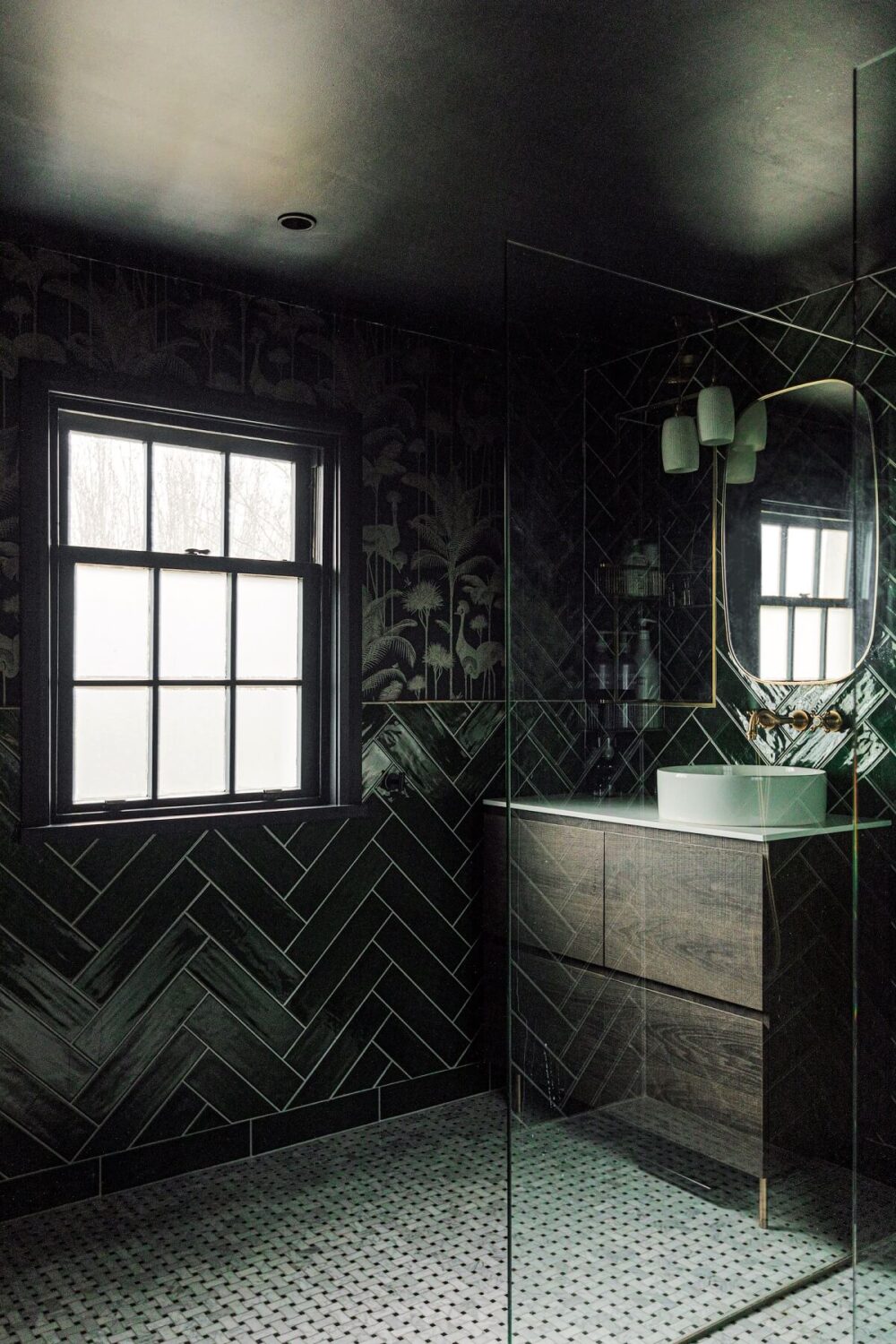 Best of 2022: Bathrooms 15 moody-dark-green-bathroom-herringbone-tiles-nordroom