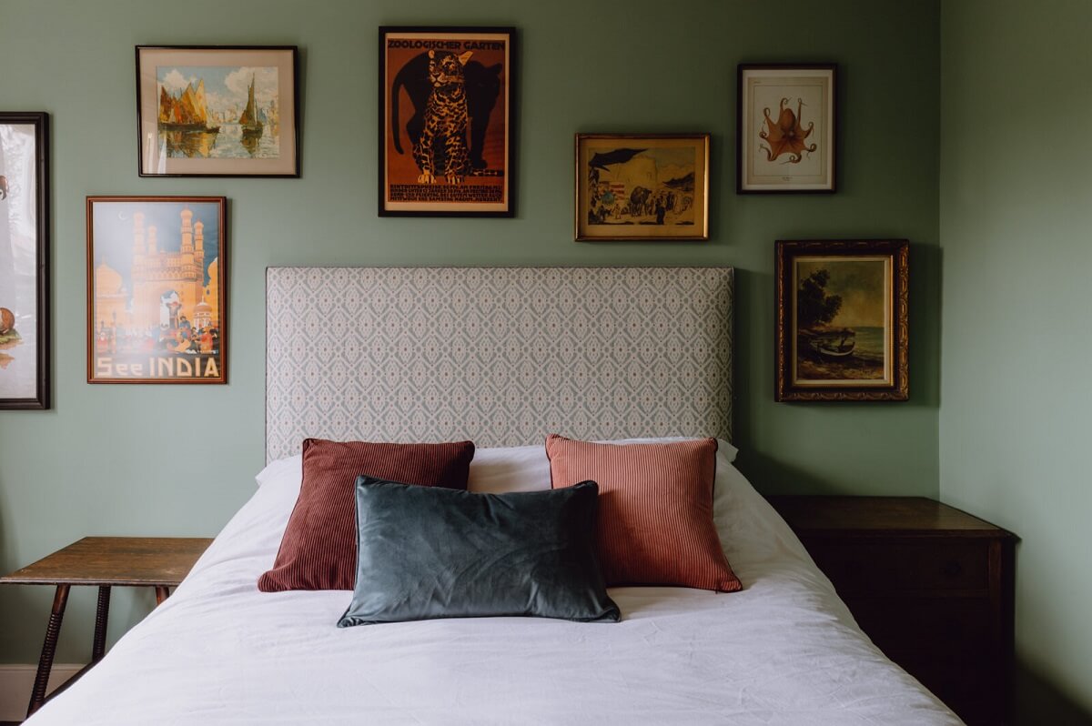 An Elegant & Colorful London House 16 nordroom-green-bedroom-gallery-wall-london