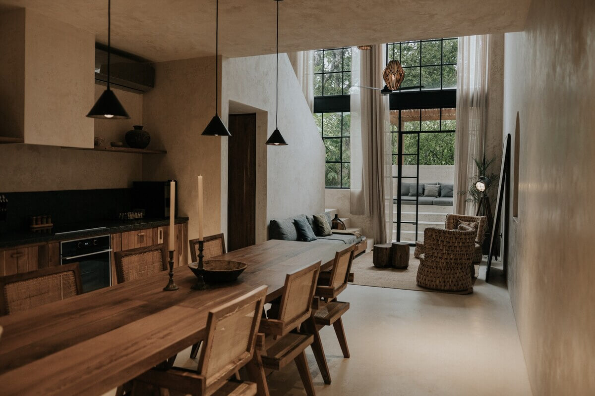 A Tulum Airbnb in an Architectural Building 8 open-plan-kitchen-living-natural-materials-airbnb-tulum-nordroom