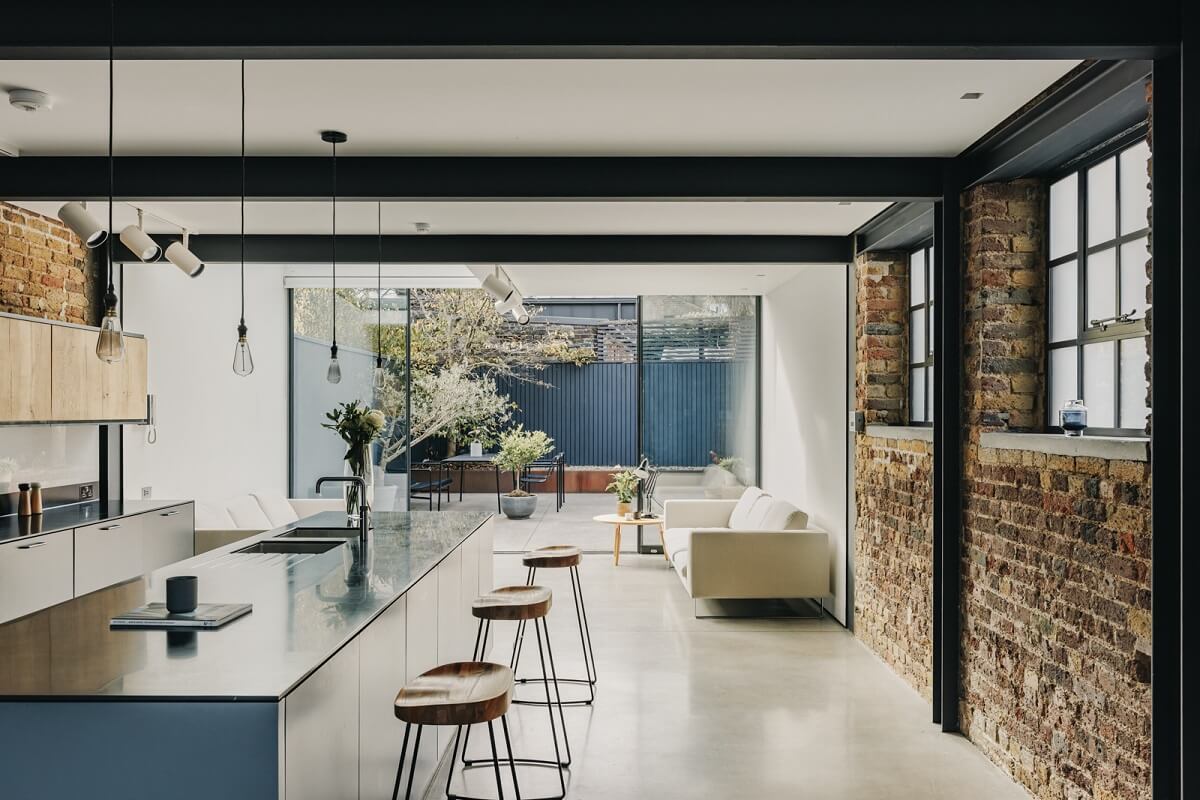 An Industrial Warehouse Conversion in London 8 open-plan-kitchen-sitting-room-exposed-brick-nordroom