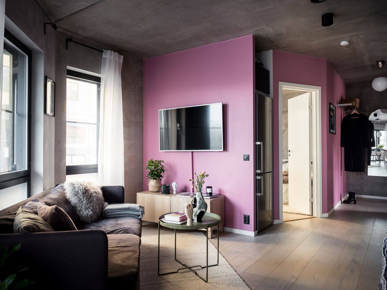 A Small Industrial Apartment with Pink Walls 3 pink-walls-indstrial-apartment-oak-wooden-floor-nordroom