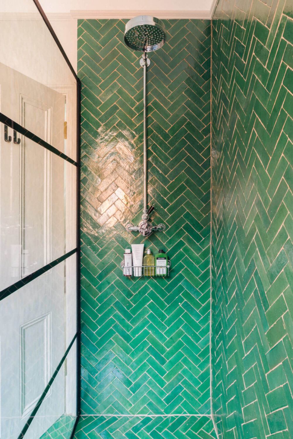 A Light-Filled Victorian Family Home in London 37 shower-green-tiles-steel-framed-glass-shower-wall-nordroom