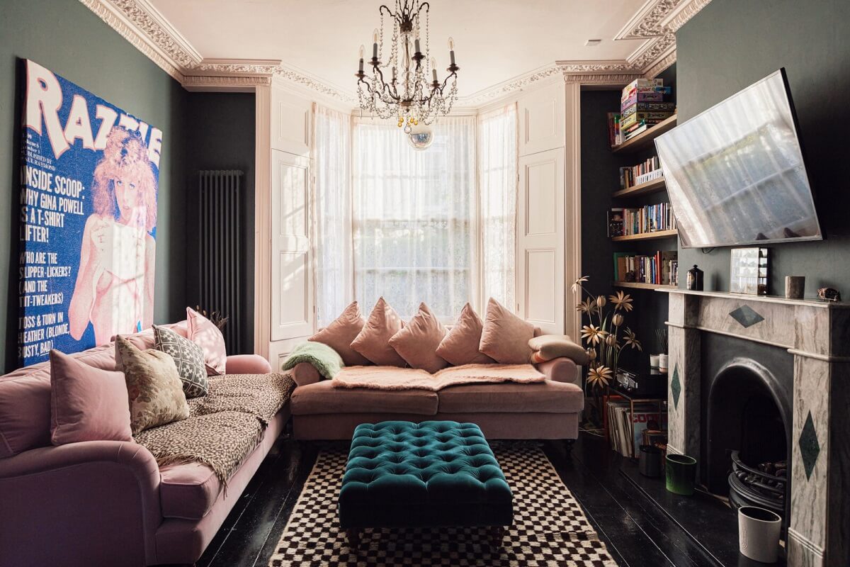 A 19th Century London Townhouse with Kitchen Extension 1 sitting-room-pink-sofa-black-floor-fireplace-nordroom