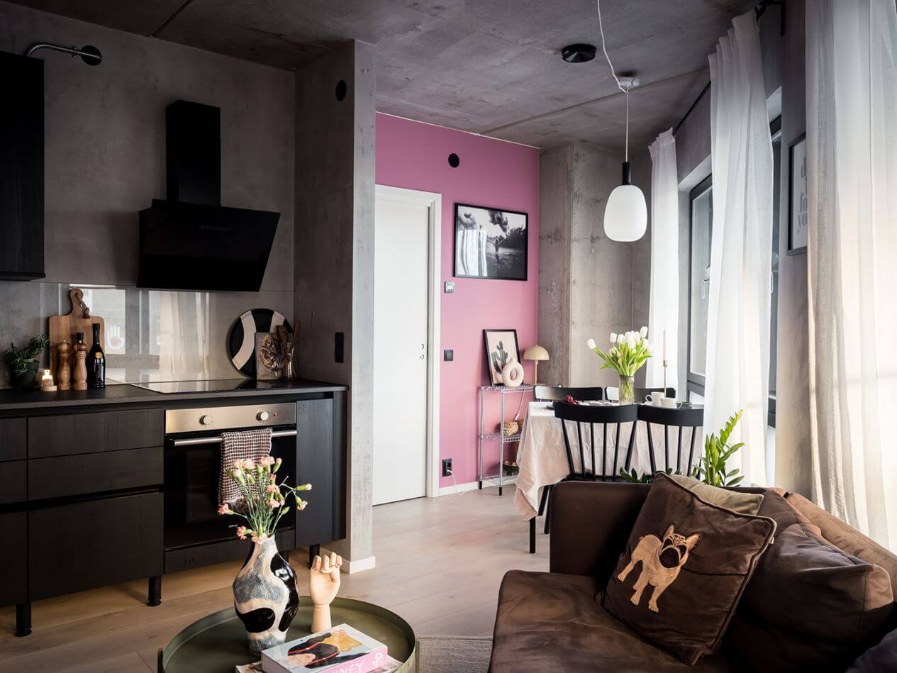 A Small Industrial Apartment with Pink Walls 5 small-living-room-black-kitchen-nordroom