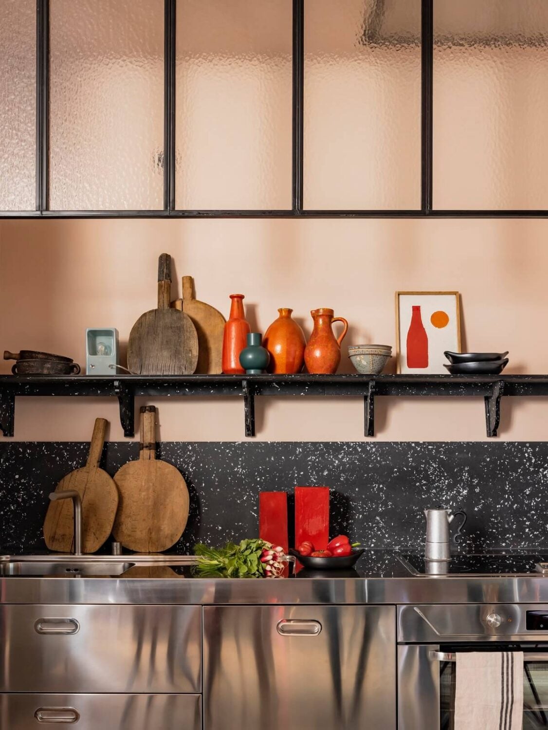 A Colorful Eclectic Apartment by Merci Paris 9 stainless-steel-alpes-inox-kitchen-cabinets-paris-apartment-merci-second-residence