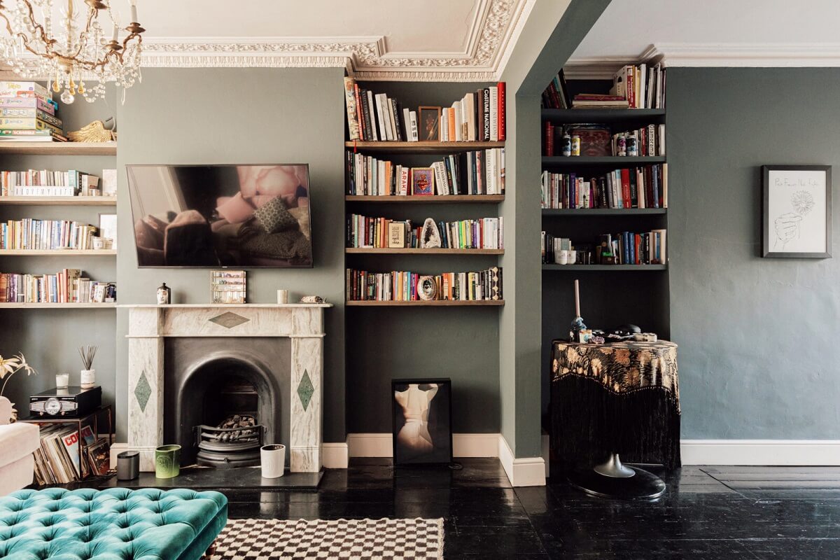 A 19th Century London Townhouse with Kitchen Extension 2 victorian-sitting-room-black-floor-bookshelves-fireplace-nordroom