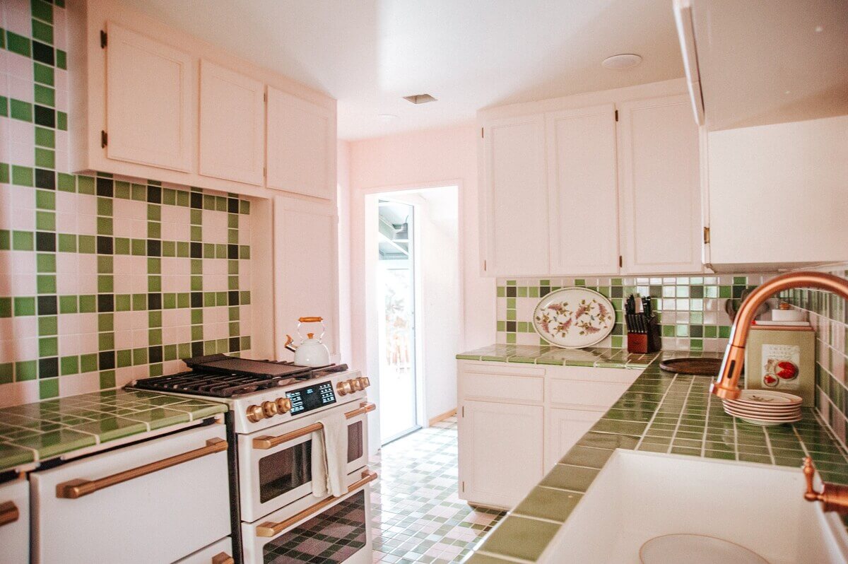 An Interior Designer's Colorful Airbnb Cabin 5 vintage-kitchen-green-tiles-nordroom