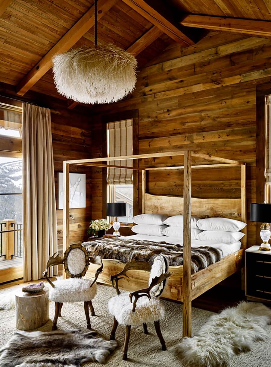 A Rustic Mountain Home in Big Sky, Montana 7 warm-rustic-bedroom-canopy-bed-nordroom