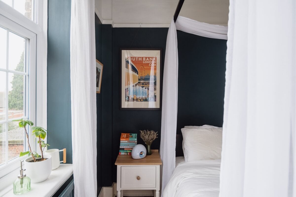 A Charming Two Bedroom Apartment in London 10 white-blue-bedroom-canopy-bed-charming-london-apartment-nordroom