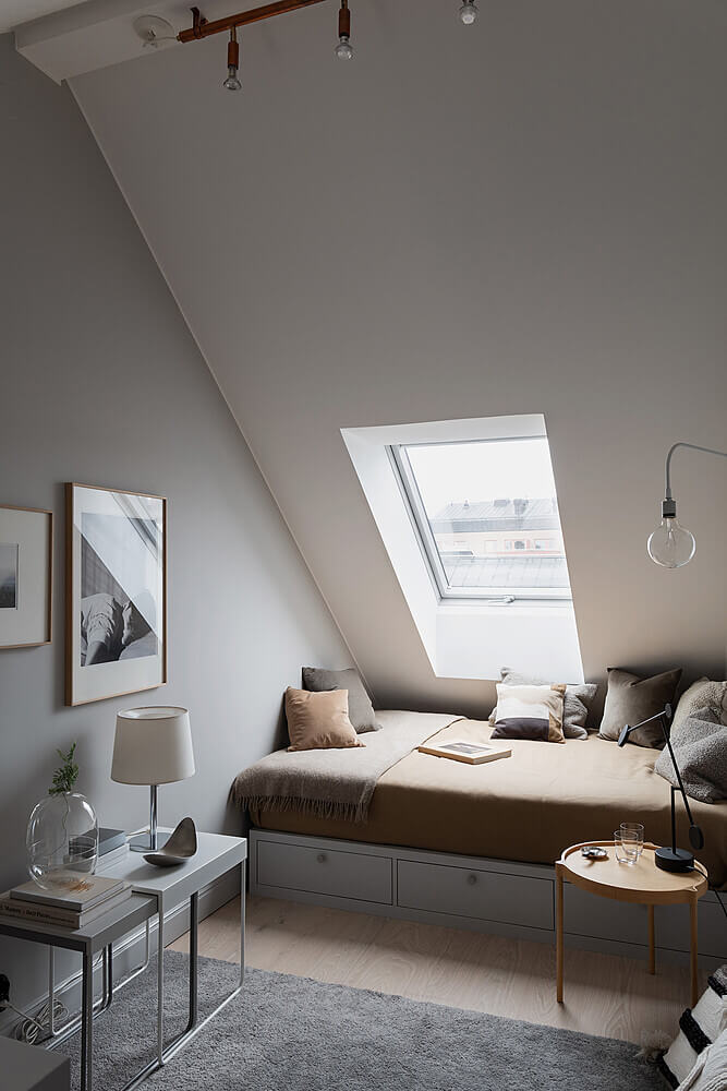 How To Decorate A Bedroom with A Slanted Ceiling 6 attic-bedroom-scandinavian-design-built-in-bed-nordroom