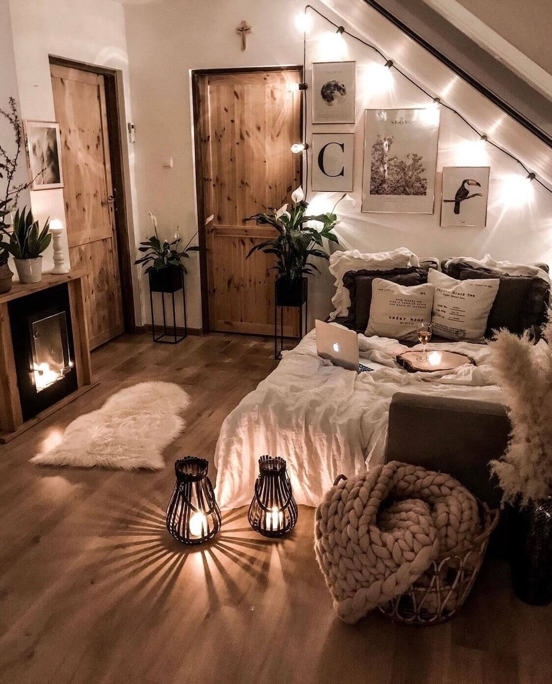 How To Decorate A Bedroom with A Slanted Ceiling 29 attic-bedroom-string-lights-nordroom