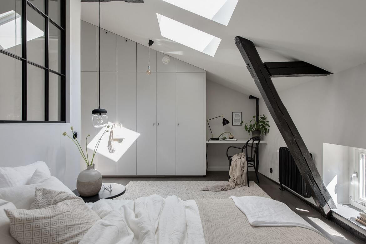 How To Decorate A Bedroom with A Slanted Ceiling 18 bedroom-sloped-ceiling-custom-made-wardrobe-builtin-desk-skylight-nordroom
