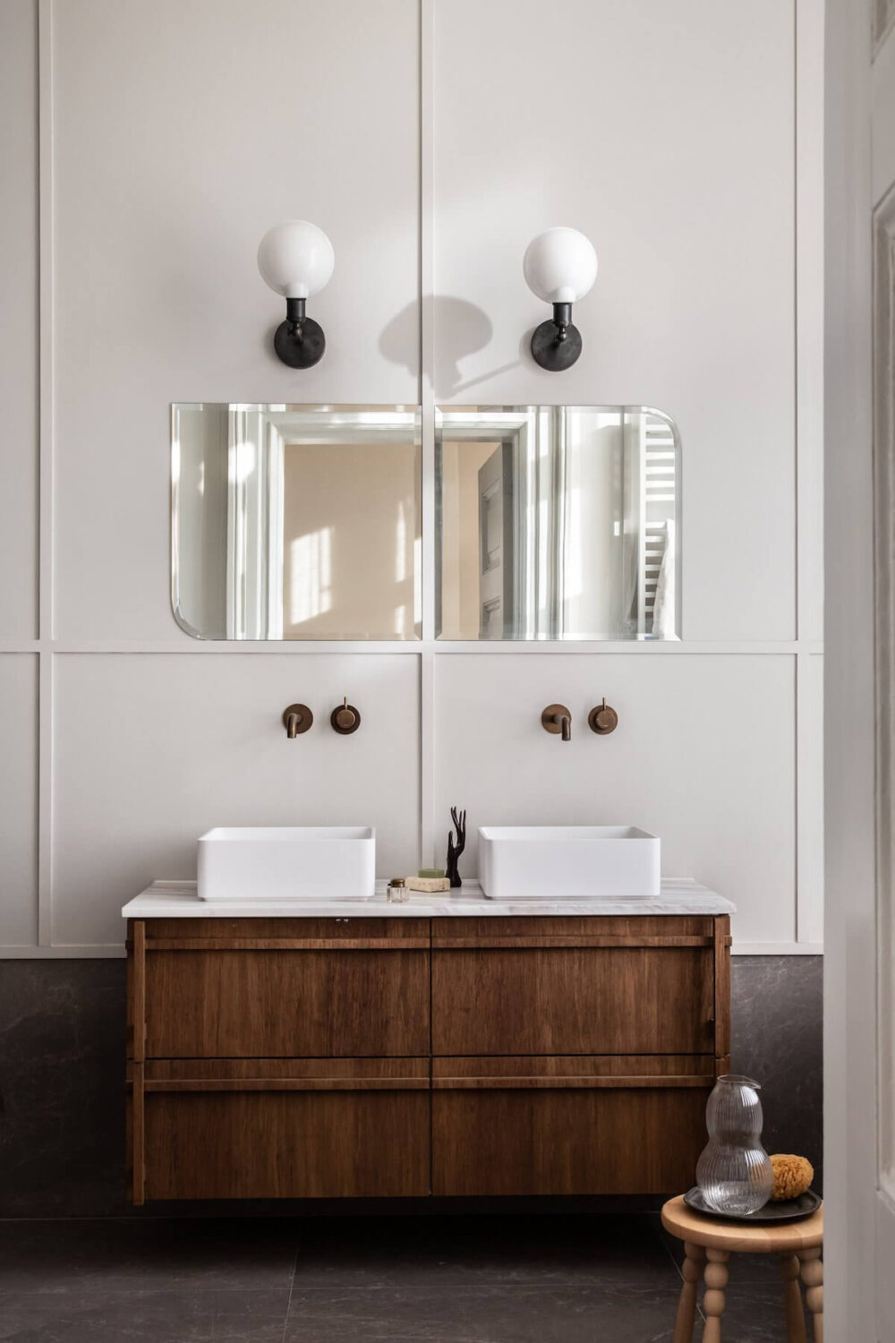 An Elegant Townhouse by Avenue Design Studio 26 double-walnut-vanity-bathroom-nordroom