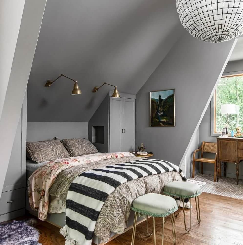 How To Decorate A Bedroom with A Slanted Ceiling 2 grey-bedroom-slanted-ceiling-built-in-cabinets-louisa-pierce-nordroom
