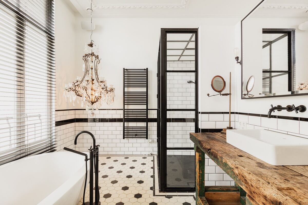 A Luxurious Townhouse in Amsterdam With Loft-Style Living Room 15 industrial-bathroom-freestanding-bath-shower-townhouse-amsterdam-nordroom
