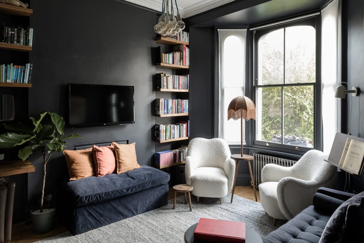 A London Family Home with Grey Accents 8 moody-sitting-room-bookshelves-london-townhouse-nordroom