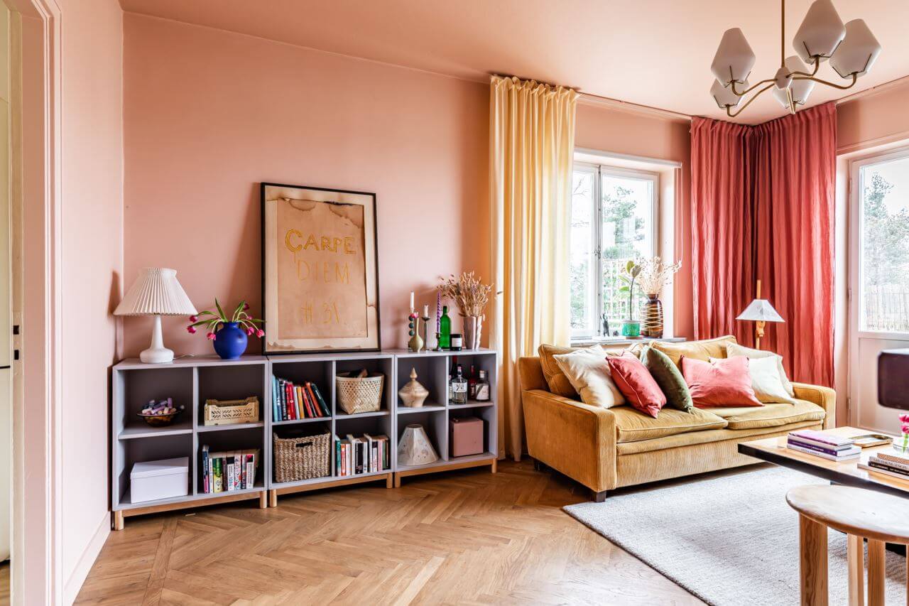 A Pink and Yellow Scandinavian Apartment 3 ochre-sofa-ikea-eket-cabinets-pink-living-room-nordroom