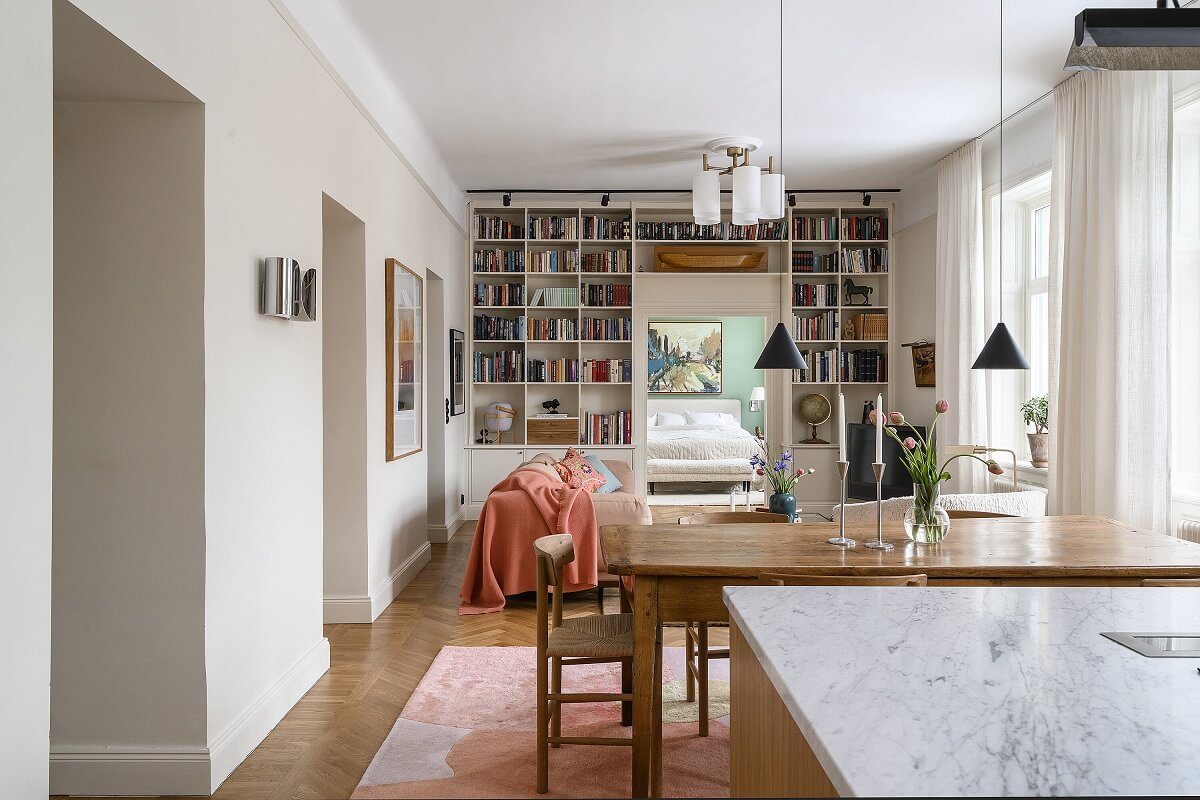 A Stylish Scandi Home with Oak Kitchen 7 open-plan-living-room-kitchen-bookshelves-nordroom
