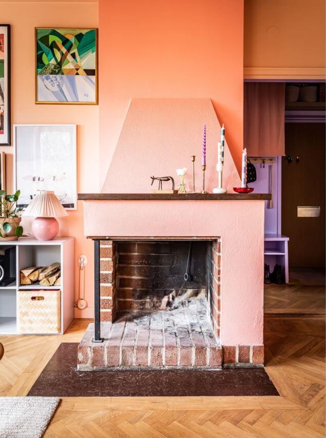 A Pink and Yellow Scandinavian Apartment 5 pink-fireplace-colorful-scandinavian-apartment-nordroom