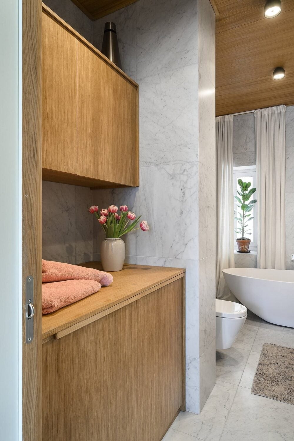 A Stylish Scandi Home with Oak Kitchen 19 scandinavian-bathroom-oak-cabinets-nordroom