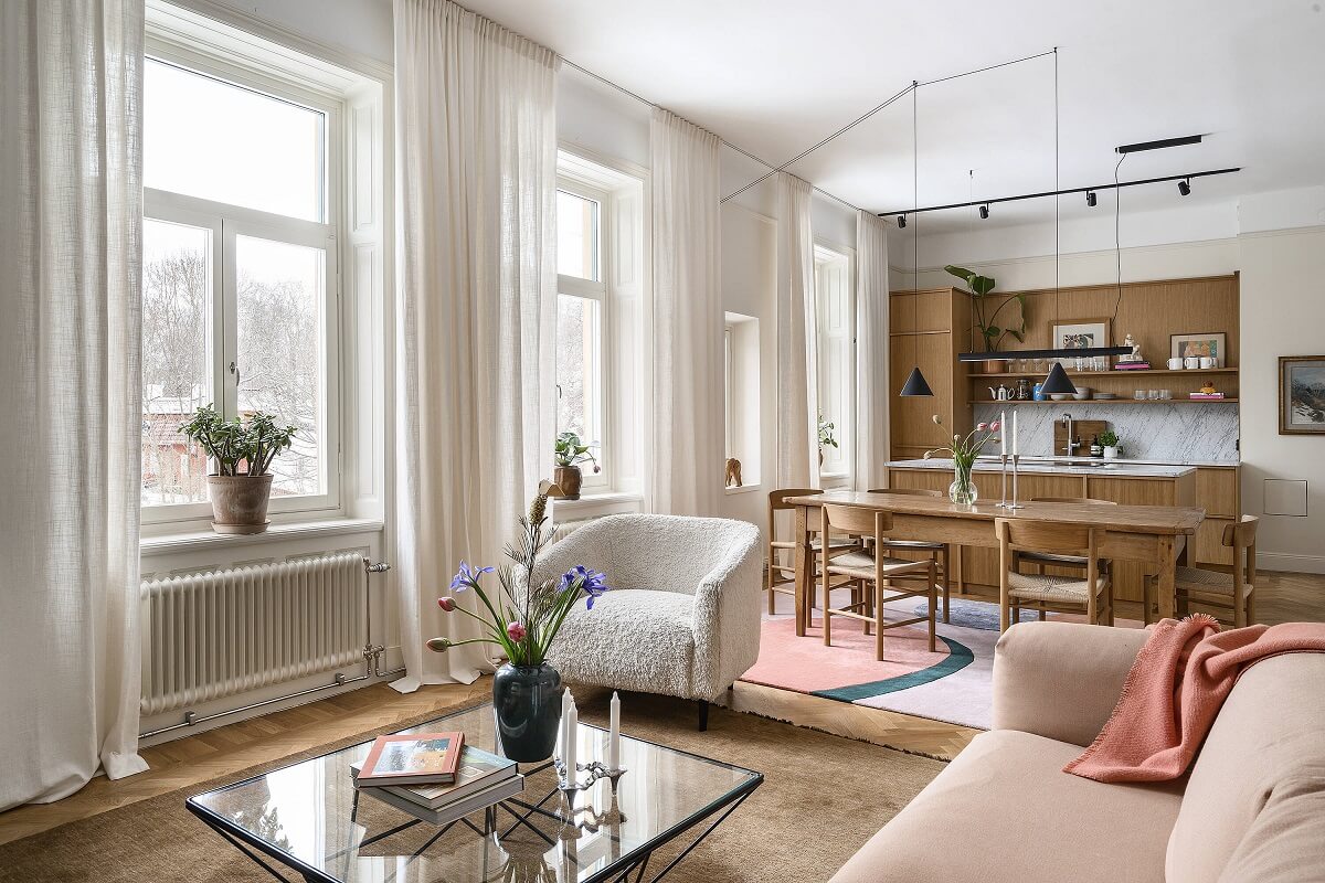 A Stylish Scandi Home with Oak Kitchen 2 sitting-room-pink-sofa-oak-kitchen-nordroom