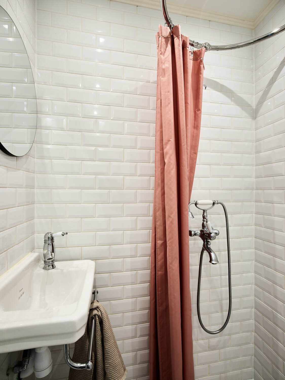 A Light Scandinavian Maisonette 22 small-white-bathroom-pink-shower-curtain-nordroom
