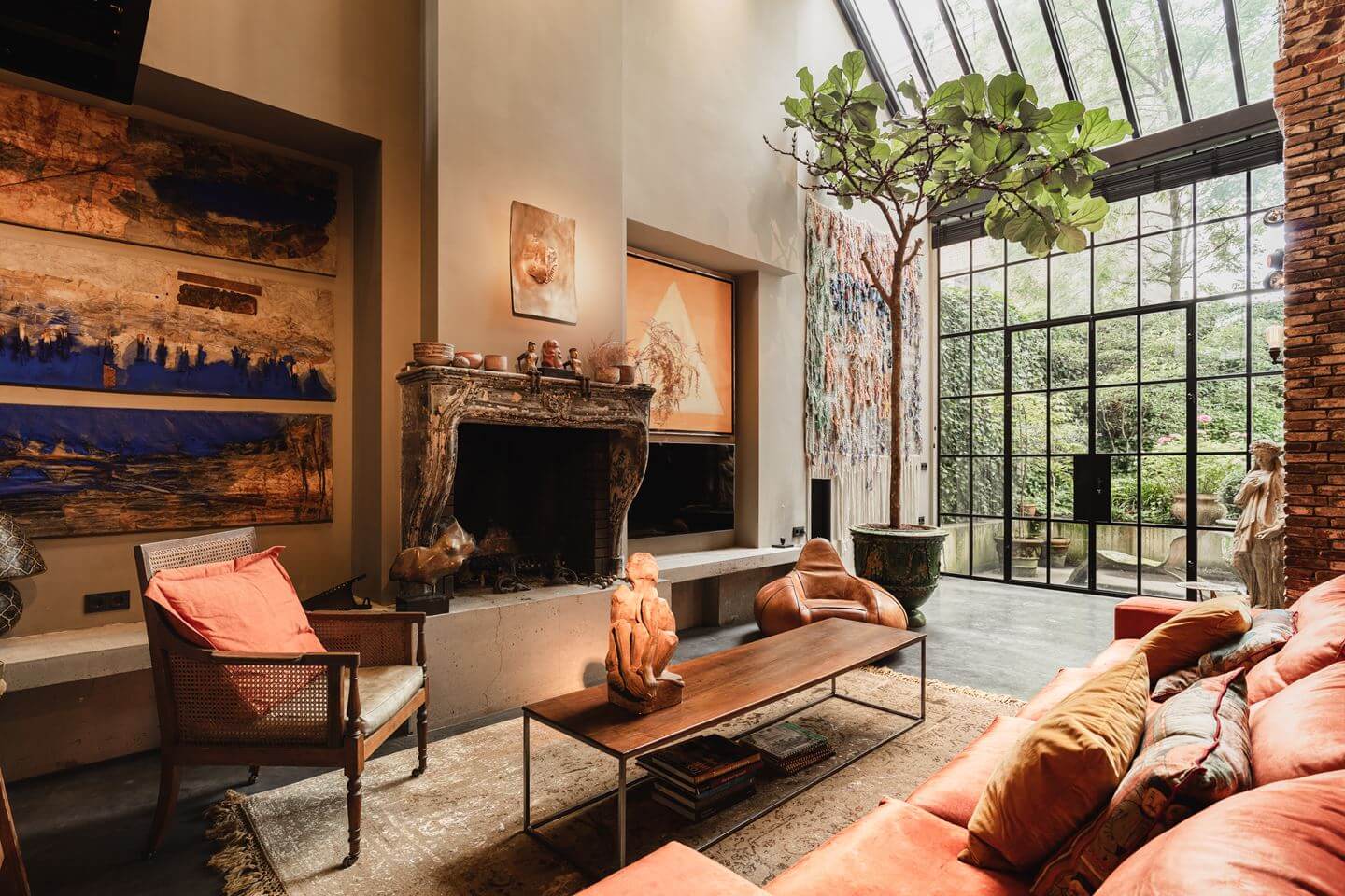 A Luxurious Townhouse in Amsterdam With Loft-Style Living Room 3 townhouse-living-room-skylight-fireplace-amsterdam-nordroom