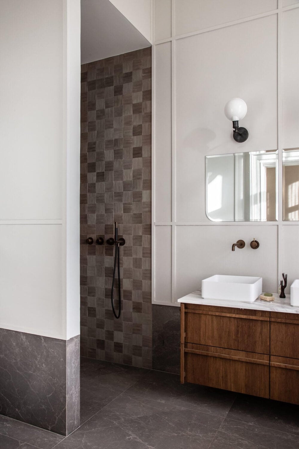 An Elegant Townhouse by Avenue Design Studio 27 walk-in-shower-bathroom-tiles-walnut-vanity-nordroom